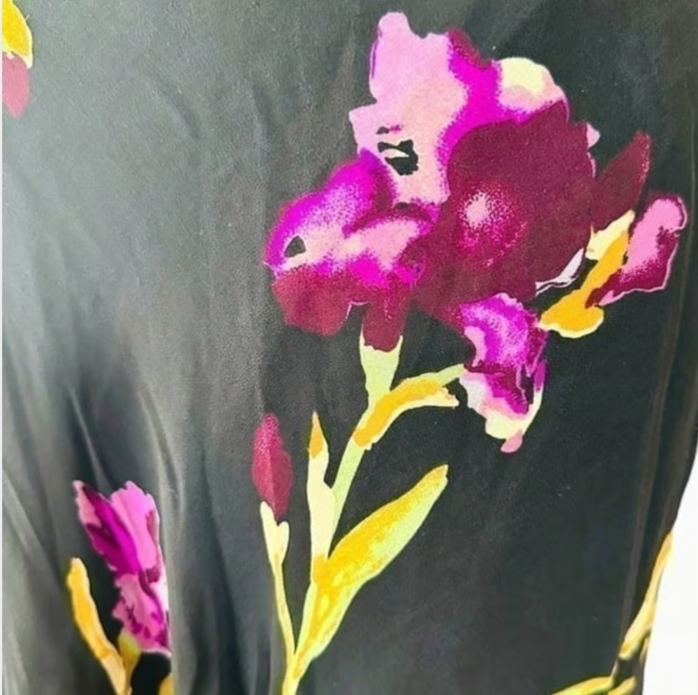TESS Iris Floral Silk Skirt S 10 Black Multicolor Sheer Midi Skirt Lightweight - Picture 5 of 6